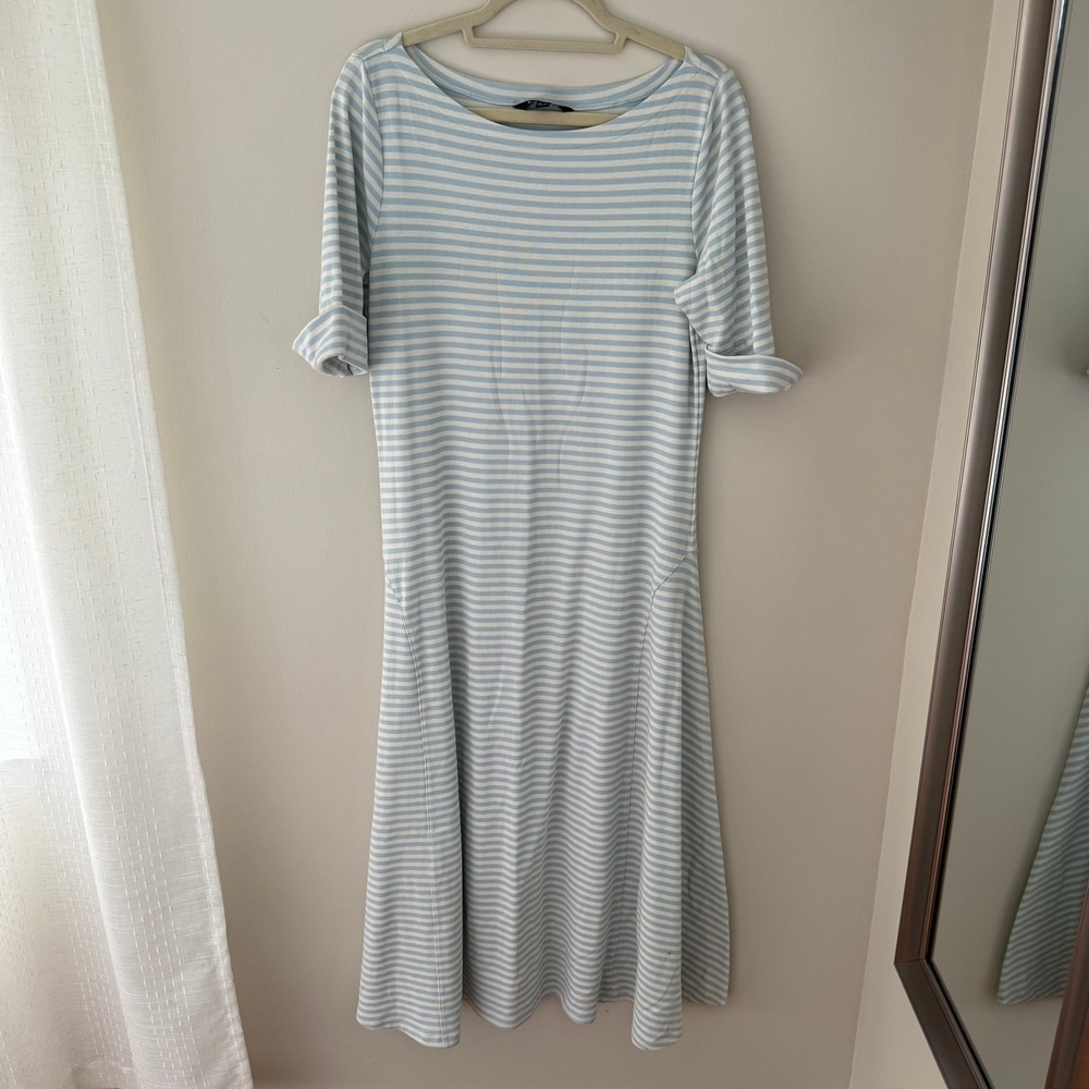 Lauren Ralph Lauren‎ Blue White Striped Boat Neck Midi Dress XL Cotton Jersey